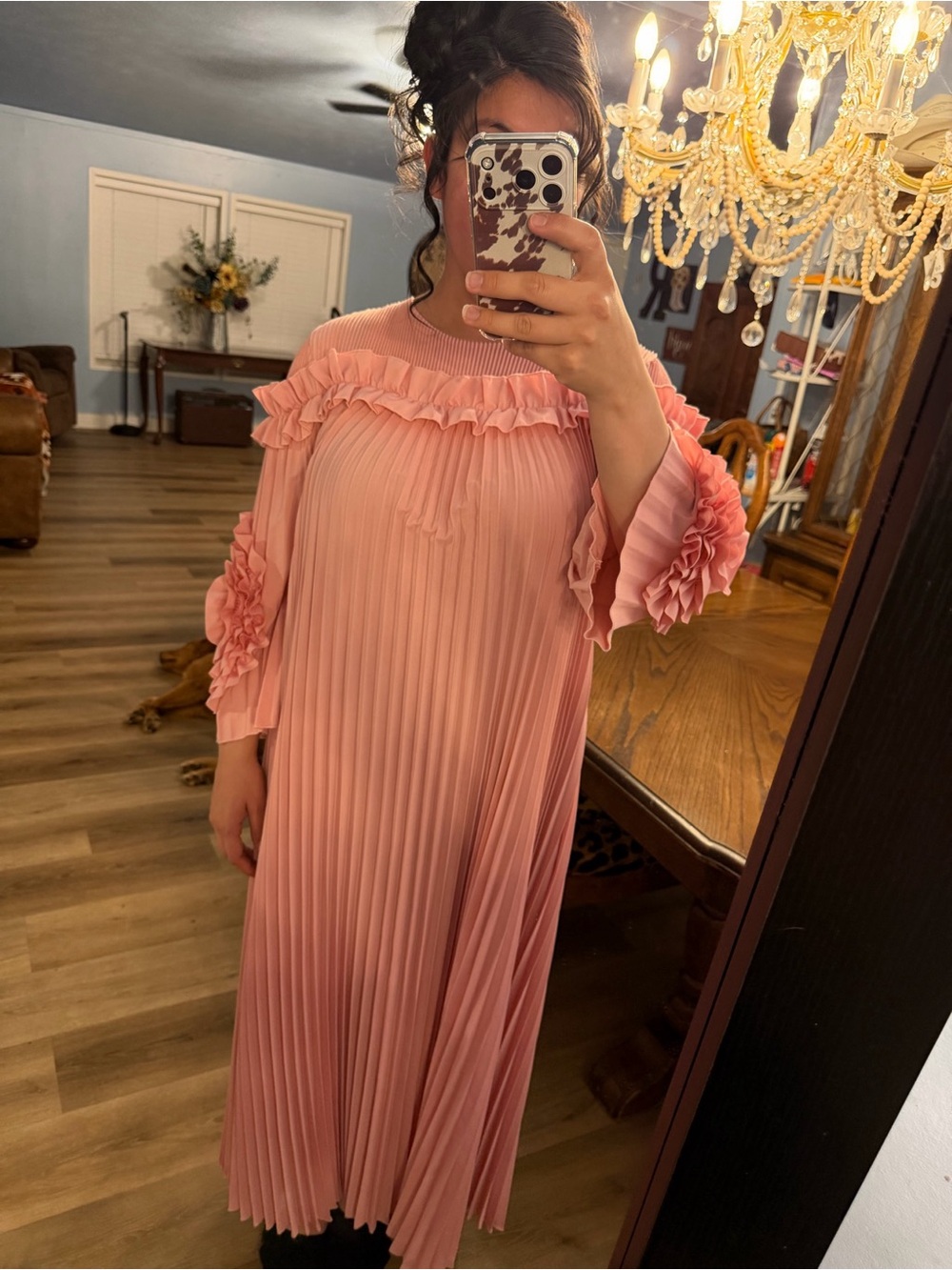 Pink Pleated Long Dress with Ruffle and Floral Sleeve Detail - Picture 2 of 6